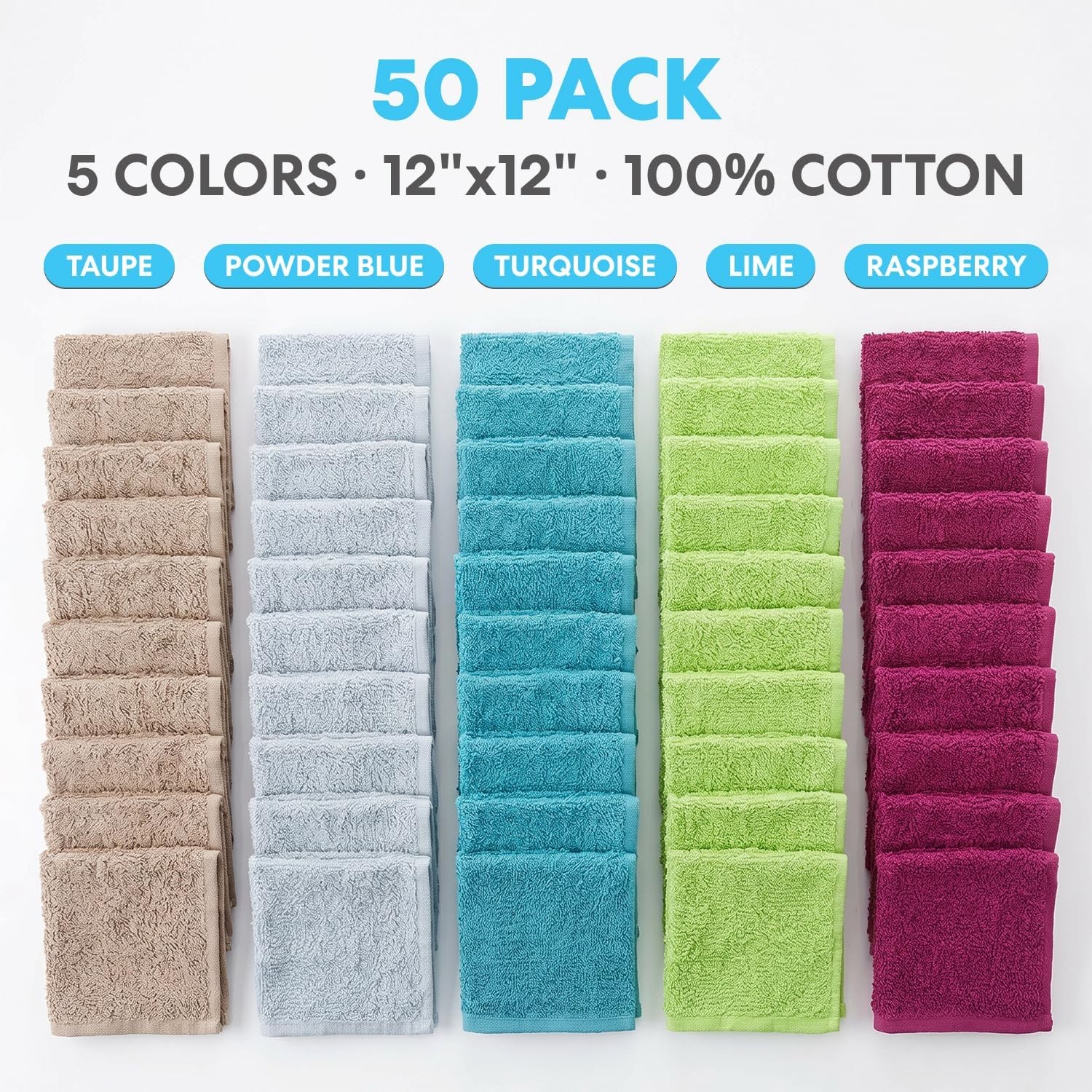 Simpli-Magic Cotton Wash Cloths 12″x12″ (50 Pack) – Highly Absorbent Soft Towels