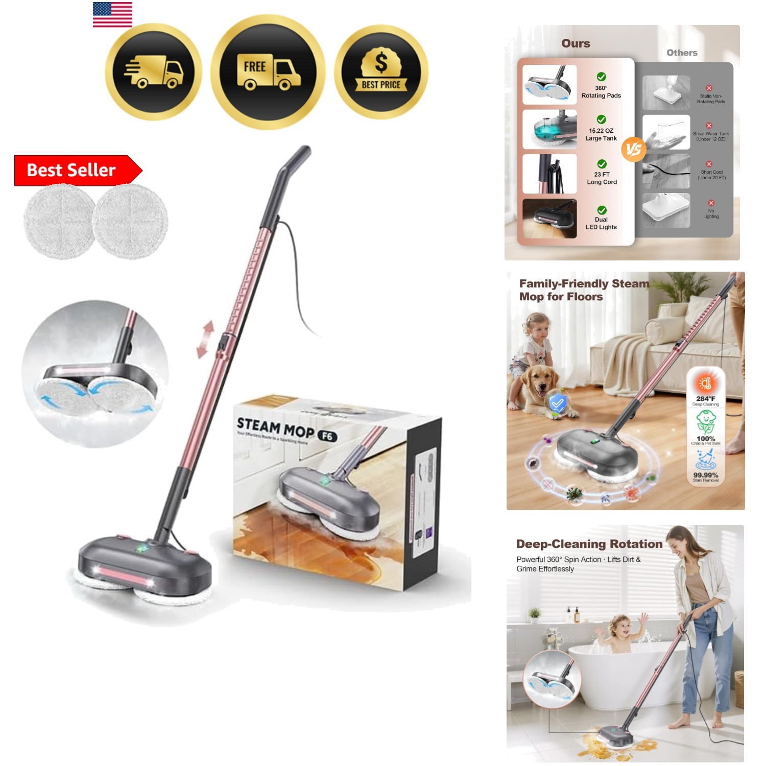 Scrubbing Steam Mop with Rotating Pads,All-in-One Spin Steam Cleaner for Floo…
