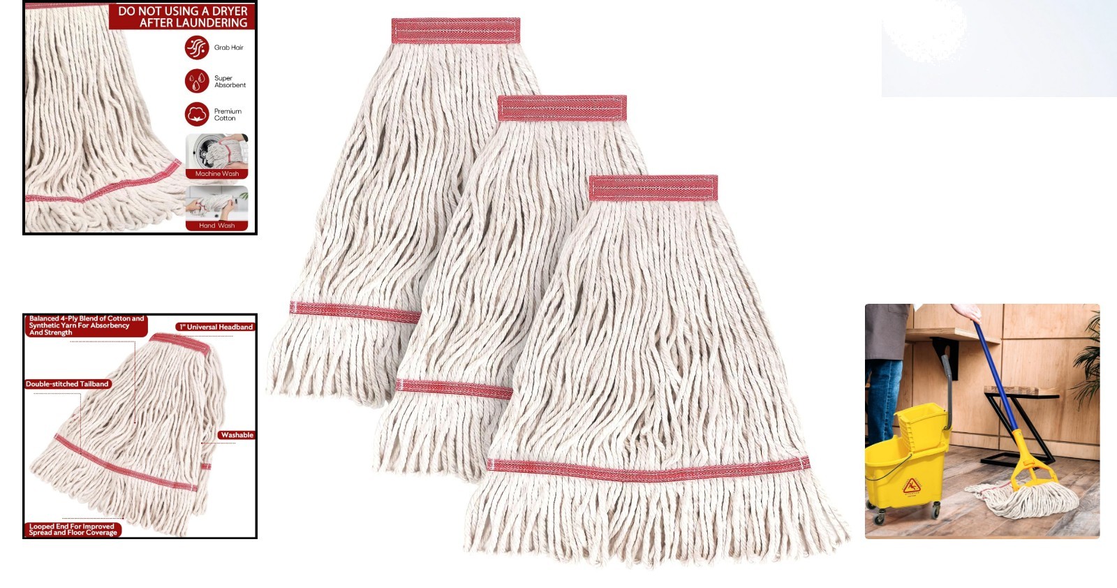Universal Fit Commercial Cotton Mop Head Refill – 3 Count for Effective Mopping