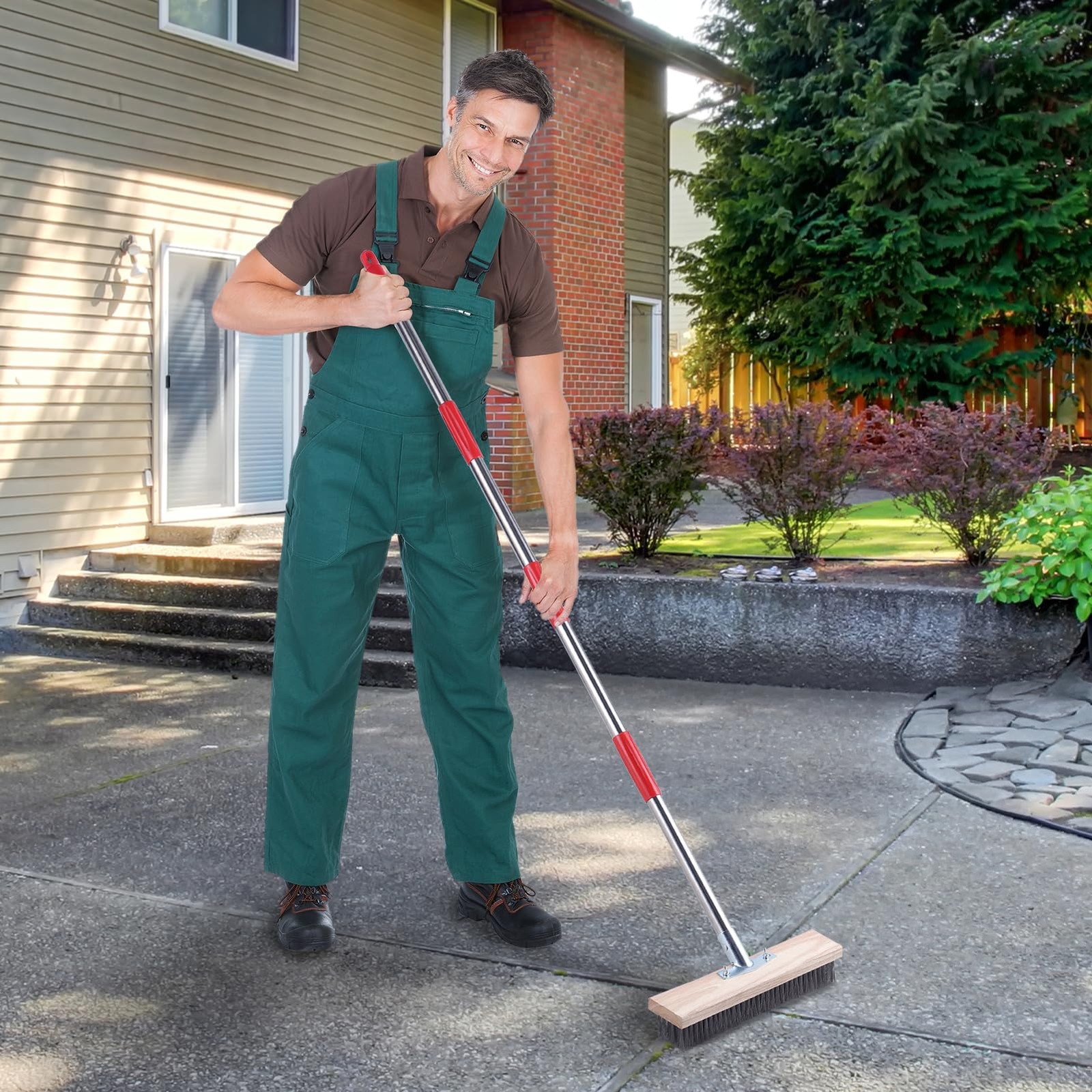 Heavy Duty Wire Broom with Telescopic Handle(57IN), Stiff Metal Bristle Brush fo