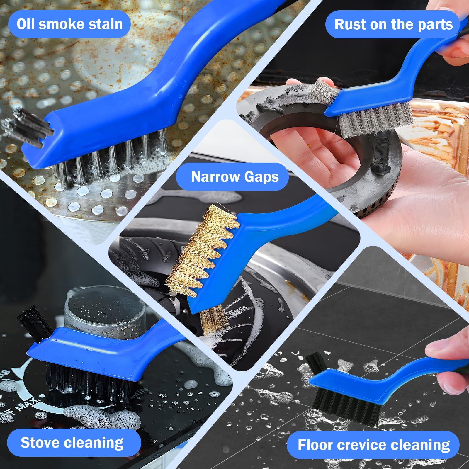 Wire Brush Set, 6 Pcs Stainless Steel/Brass/Nylon Brushes for blue