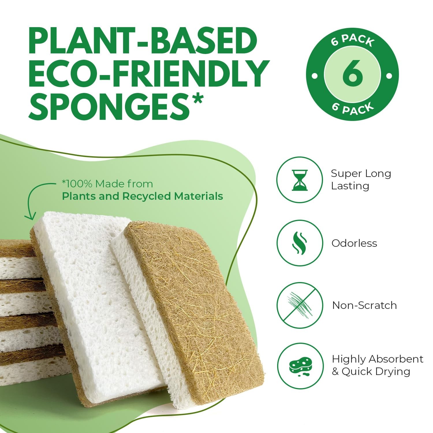 AIRNEX Biodegradable Natural Kitchen Sponges Pack of 6 – Cellulose and Coconu…