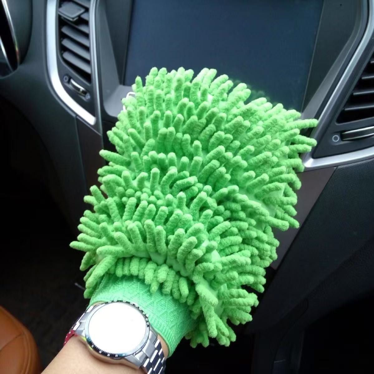 Green Car Washing Gloves Solid Color Microfiber Chenille Single Side Cleaning
