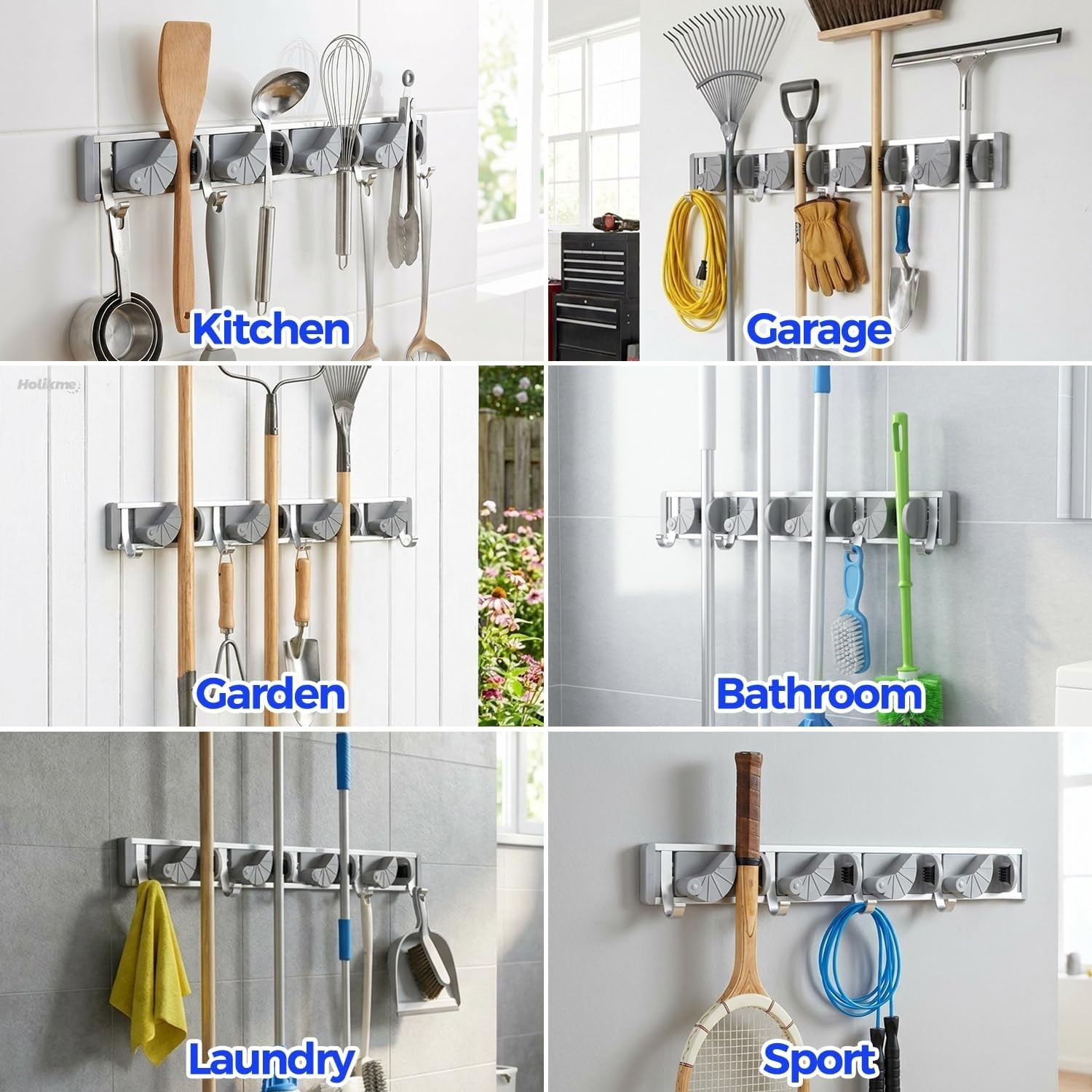 Holikme Mop Broom Holder Wall Mount 4 Hooks Metal Tool Organizer Garage Kitchen