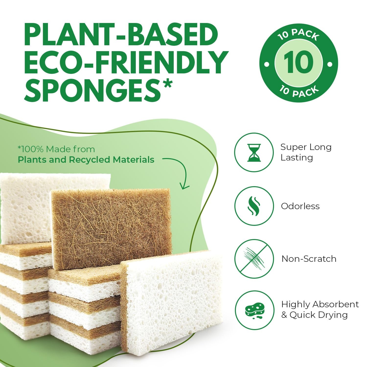 10 Pack Biodegradable Natural Kitchen Sponge Compostable Cellulose and Cocon…