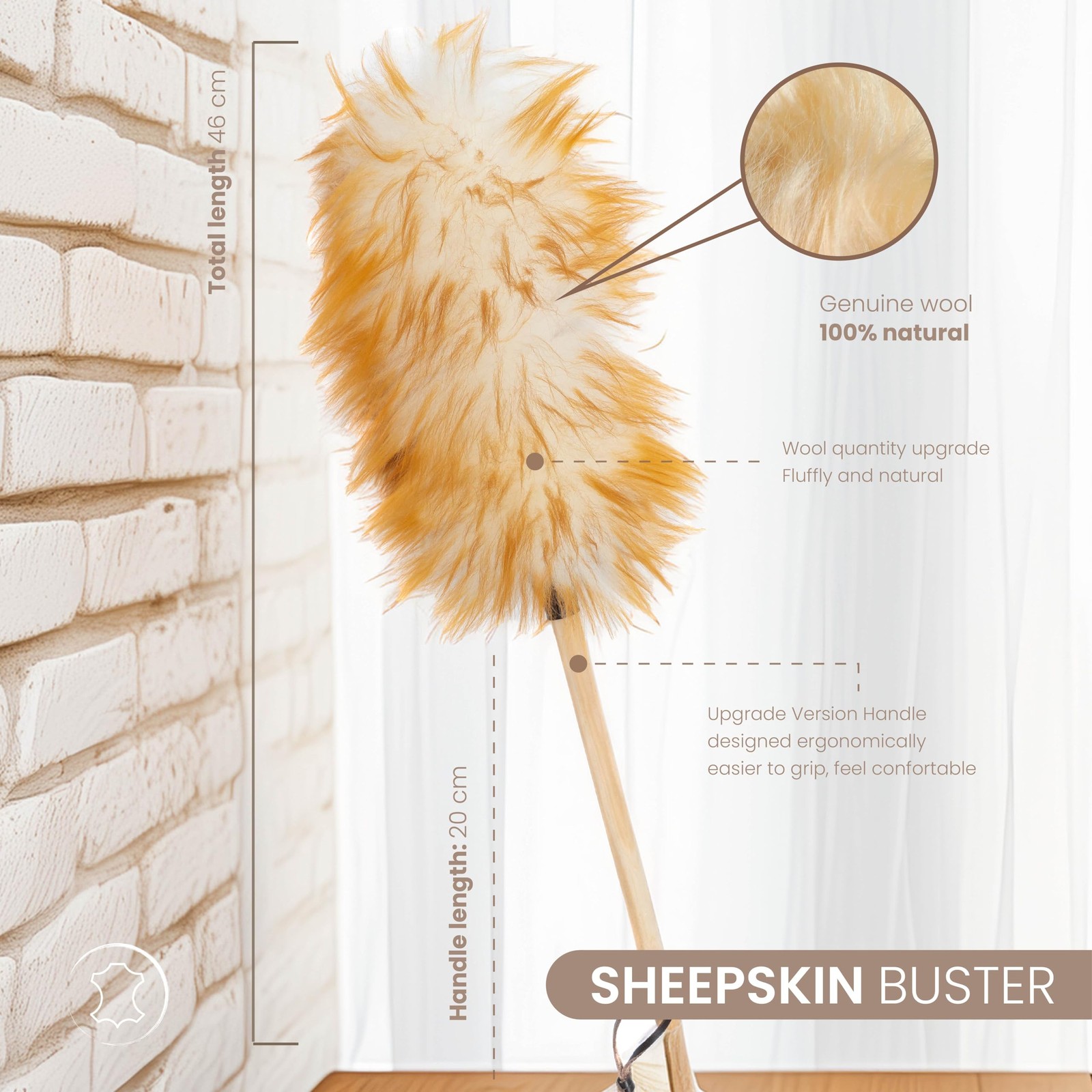 Khara Home 100% Sheepskin Duster with Solid Wooden Handle – Flexible Anti-Static