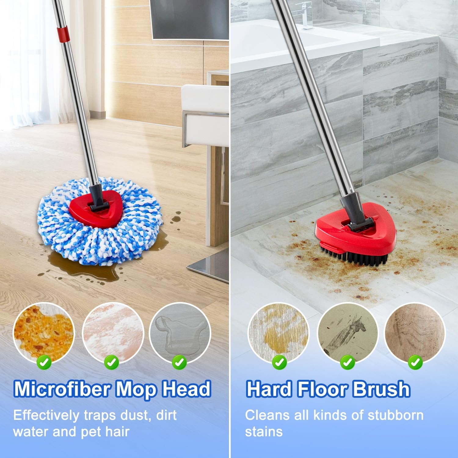 Spin Mop Replacement Set – Stainless Steel Handle, 2 Reusable Mop Heads & Base,