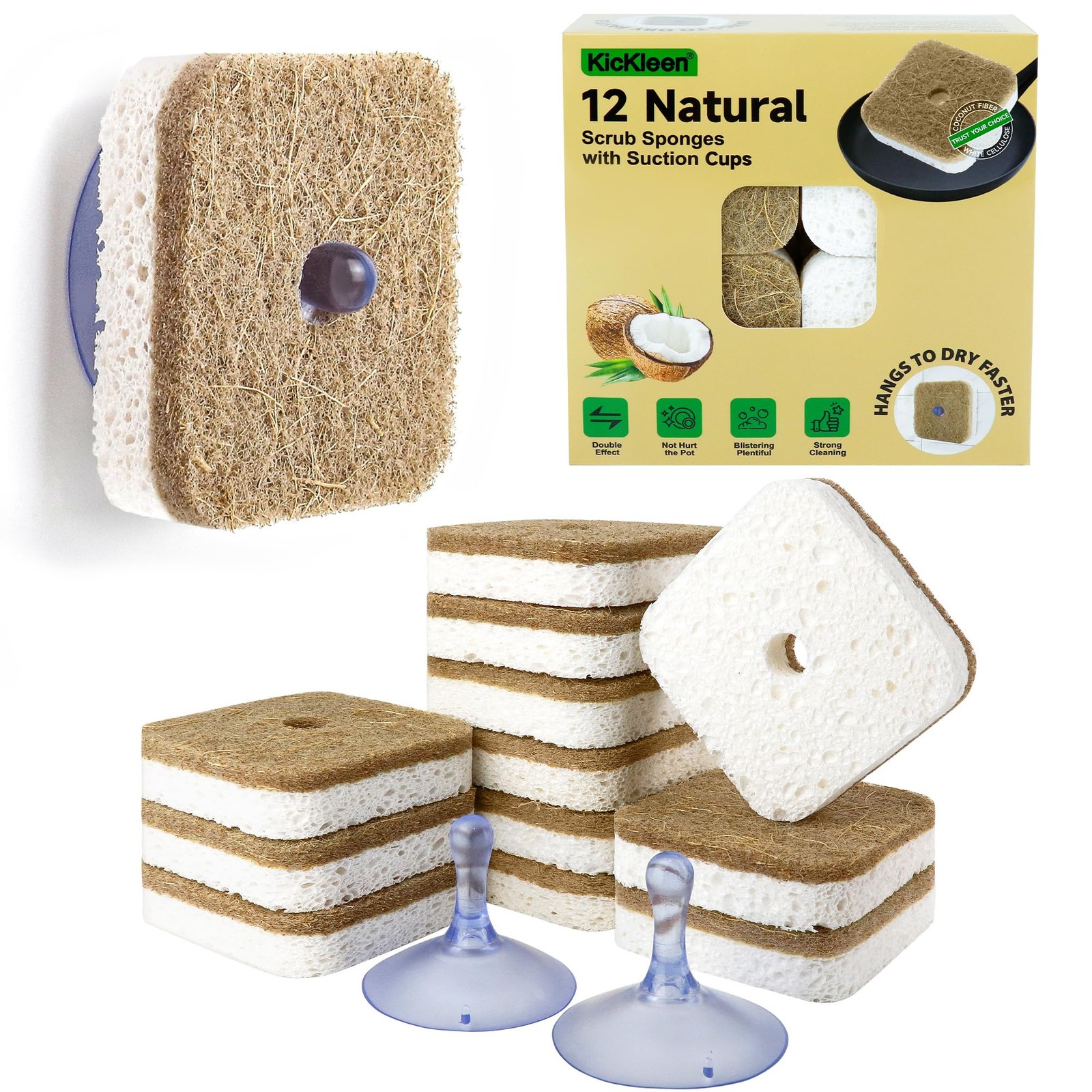 12Pack Natural Kitchen Scrub Dish Sponge with Suction Hanger Biodegradable Co…