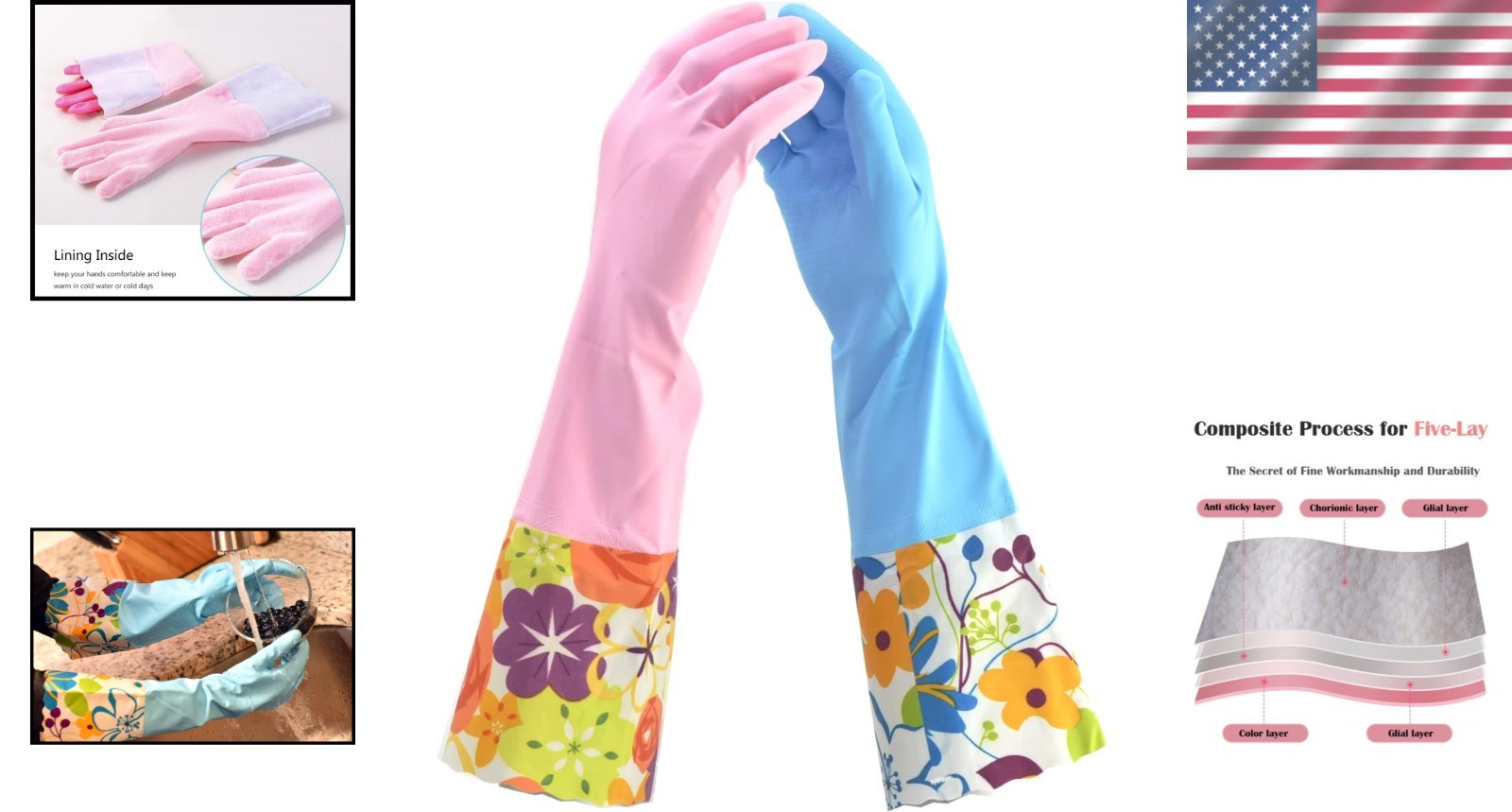 Stylish Pink/Blue 15-Inch Cleaning Gloves – Reusable with Soft Fiber Lining