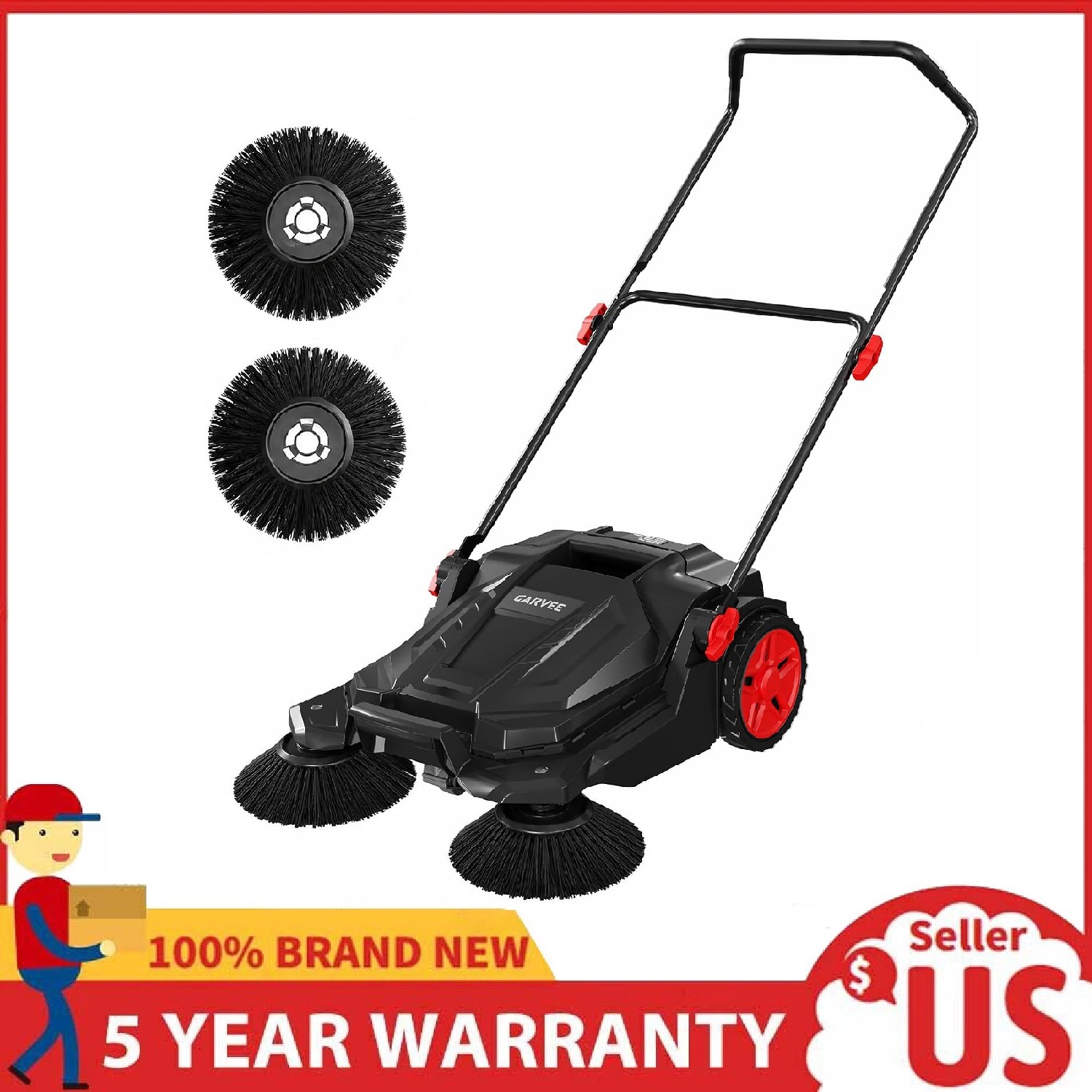 25.6″ Width Manual Sweeper Walk-Behind Hand Push Floor Sweeper Adjustable Handle