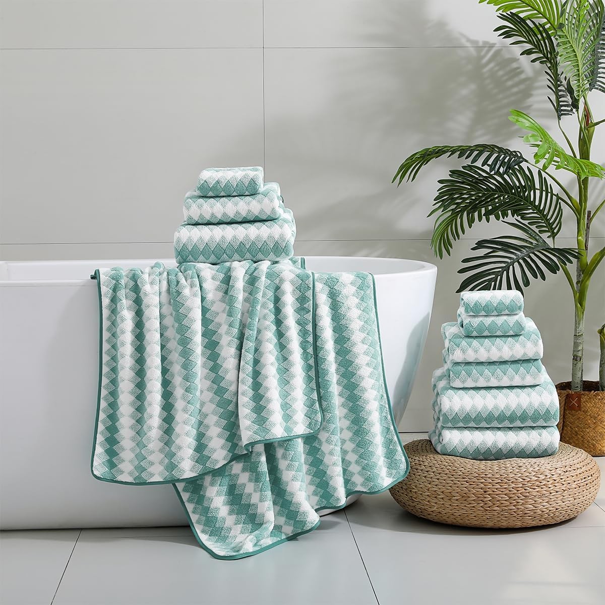 12 Pcs Turquoise Diamond Towel Set-4 Bath Towels,4 Hand Towels,4 Washcloths Soft