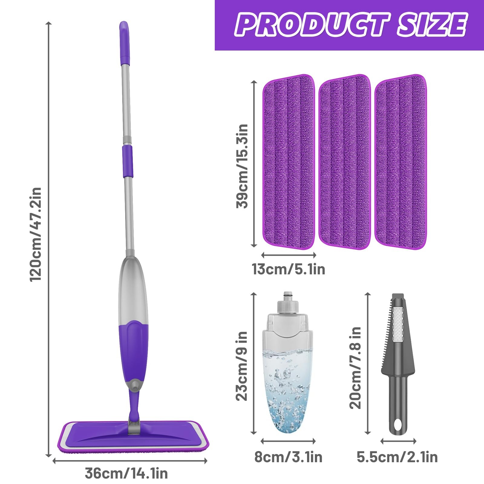 HOMTOYOU Spray Mops for Floor Cleaning Wet Mop for Hardwood Tile Wood 3 Washable