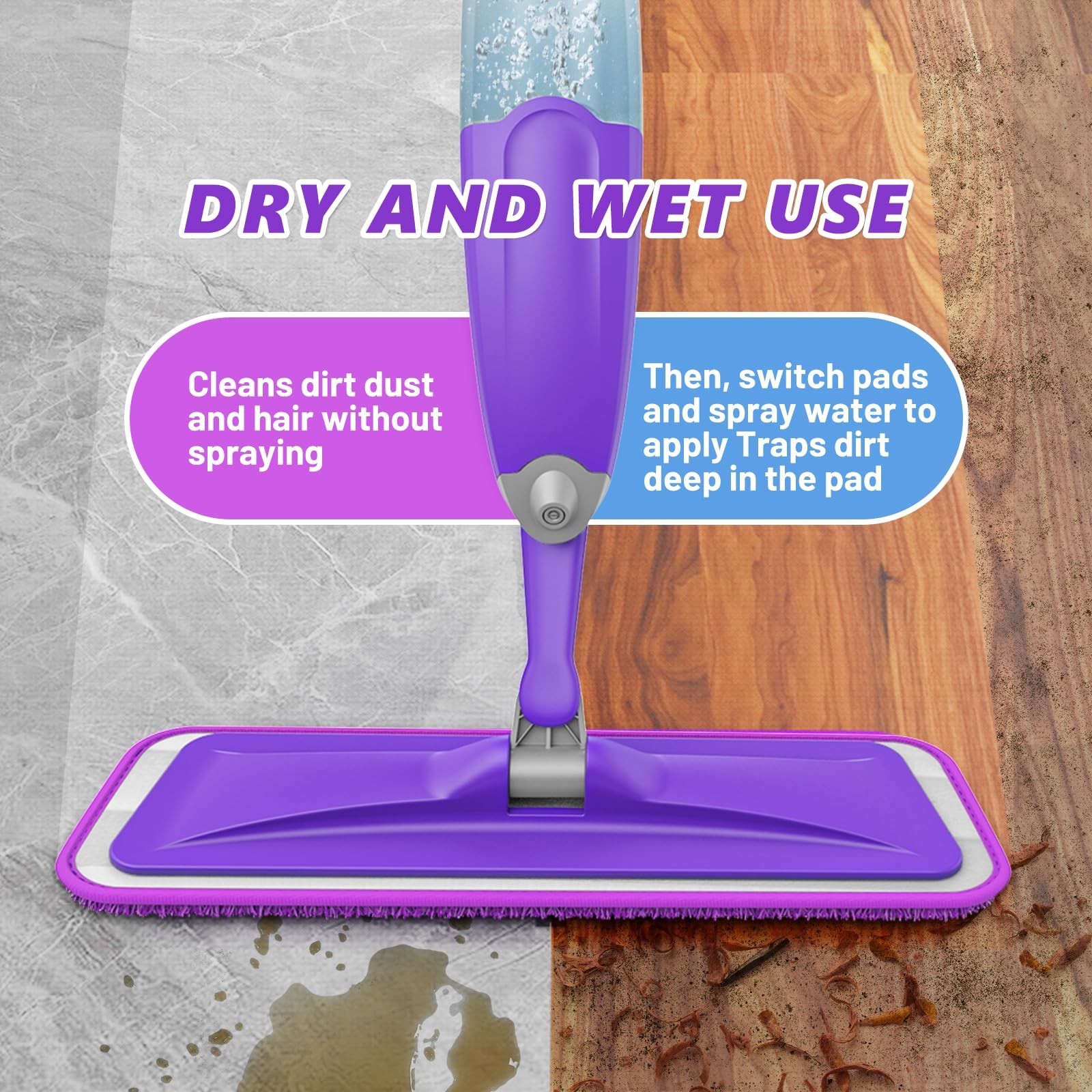 HOMTOYOU Spray Mops for Floor Cleaning Wet Mop for Hardwood Tile Wood 3 Washable