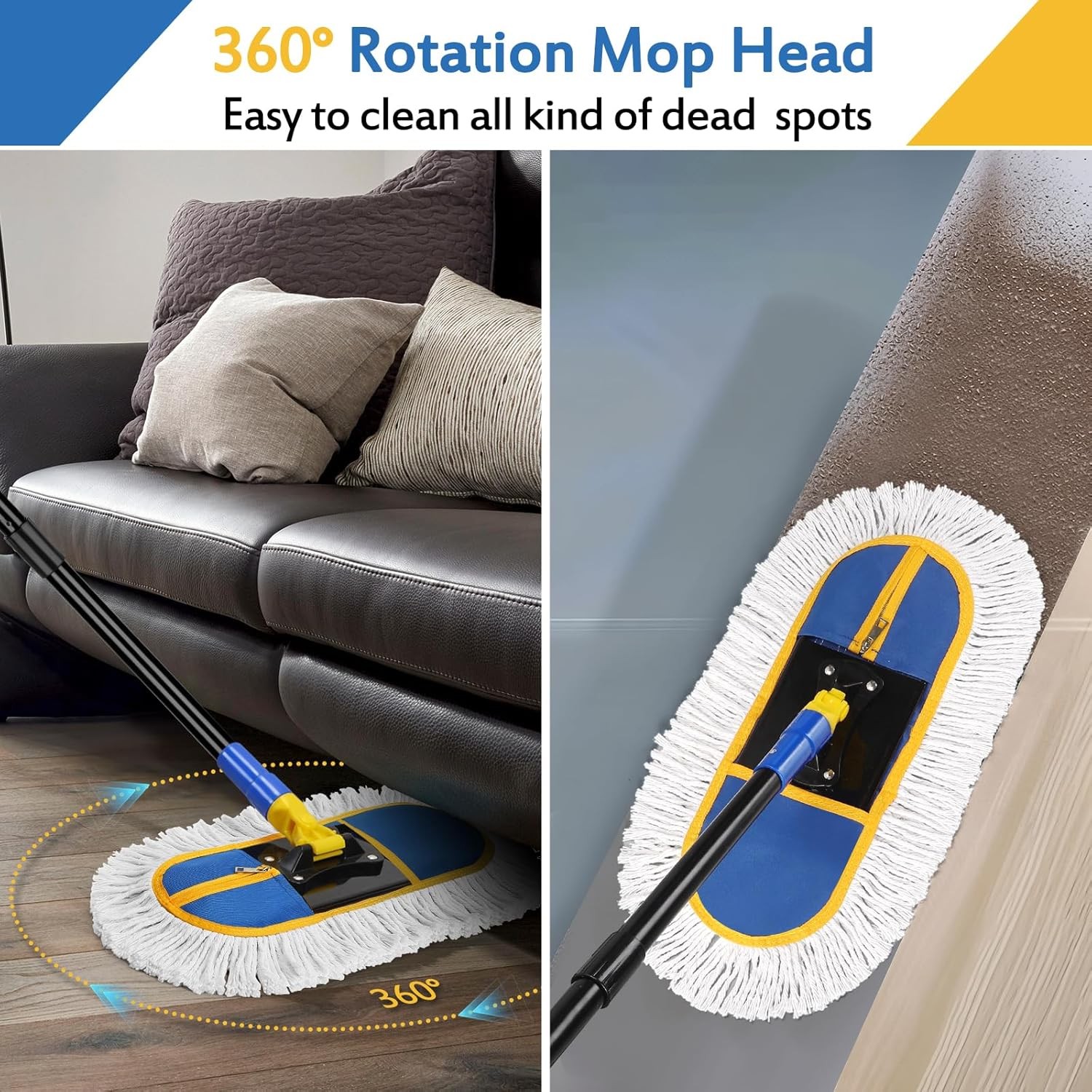 16in Commercial Dust Mop Floor Cleaner Wet Dry 2 Washable Pads Blue