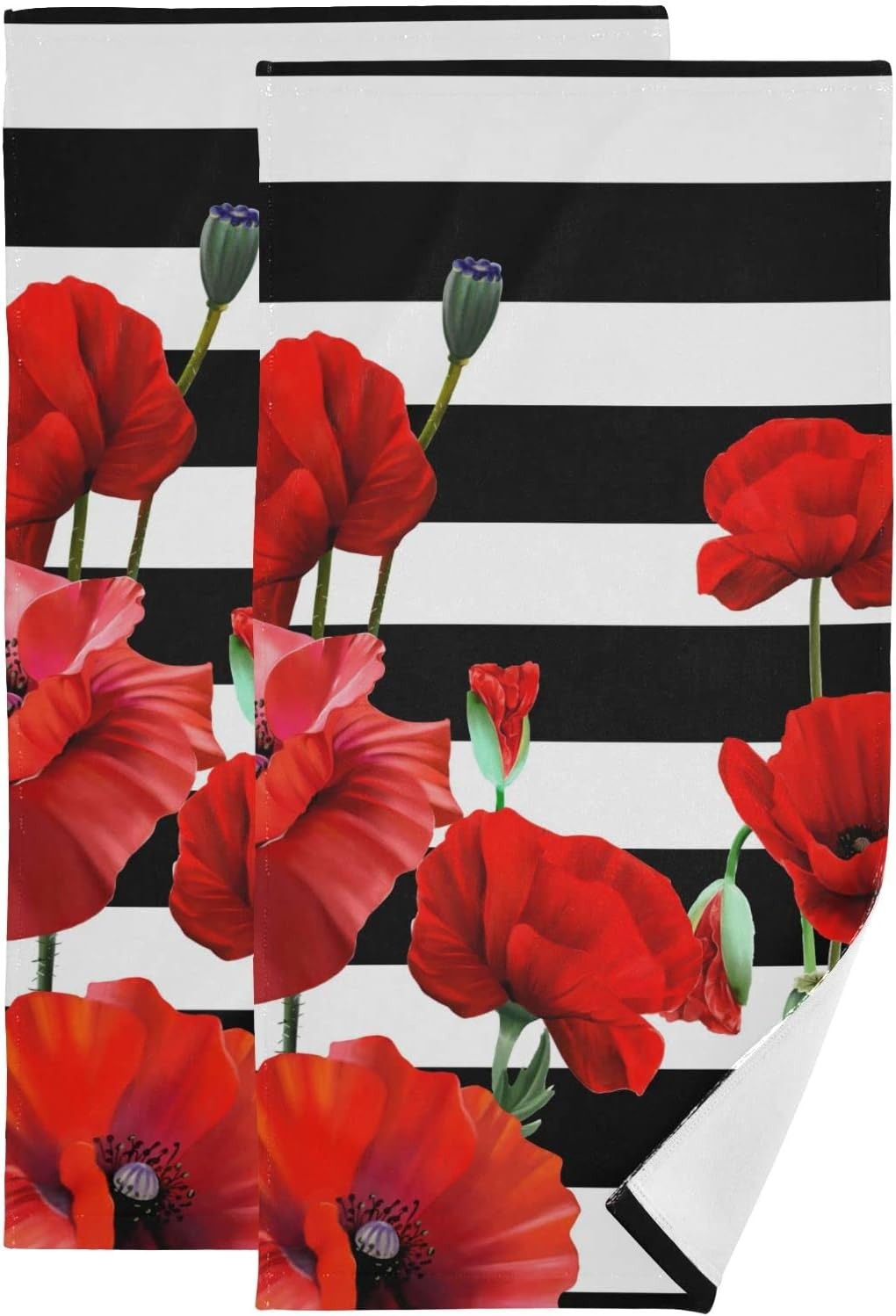 Red Poppy Hand Towels for Bathroom Set of 2 Black and White Striped Nature