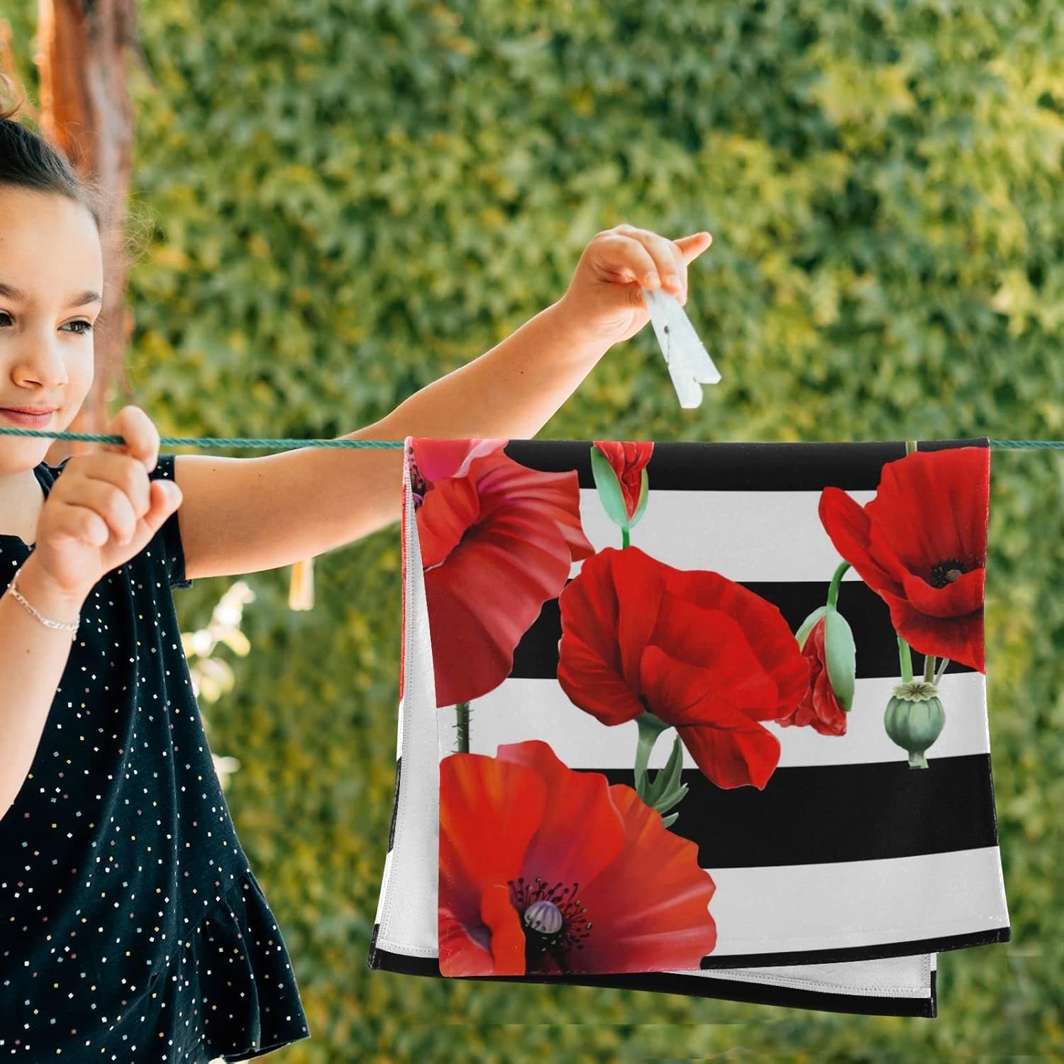 Red Poppy Hand Towels for Bathroom Set of 2 Black and White Striped Nature