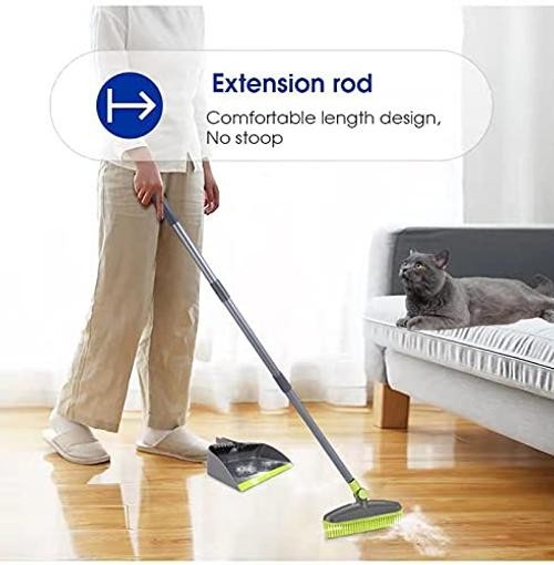 Adjustable Rubber Push Broom and Dustpan Set,Self Cleaning Indoor Outdoor
