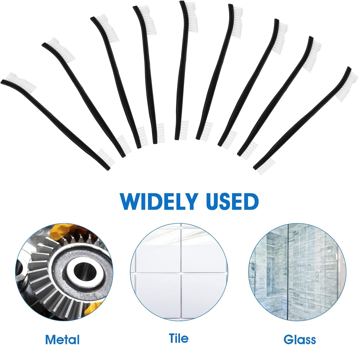 Double-Ended Nylon Cleaning Brushes, Set of 9, Black & White, Plastic Handles,