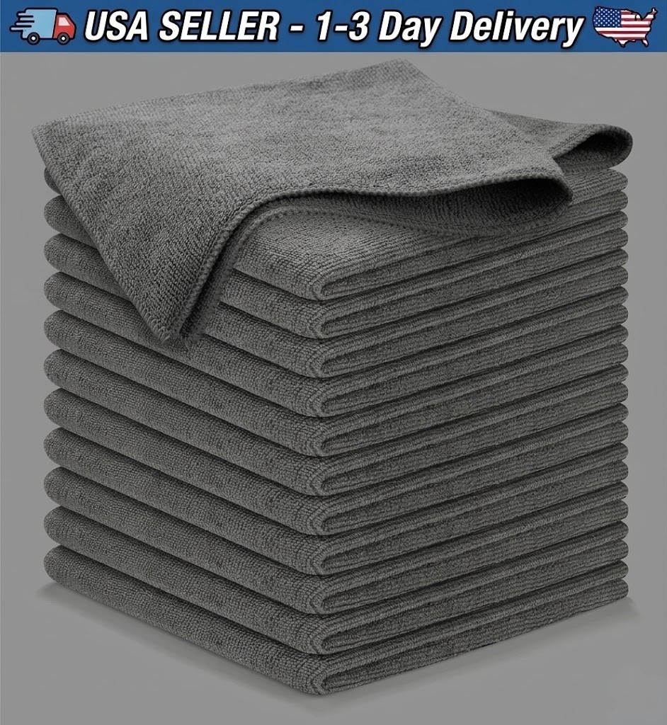 12 Pack Microfiber Cleaning Cloths – 1200 Washes Ultra Absorbent Towels – Grey