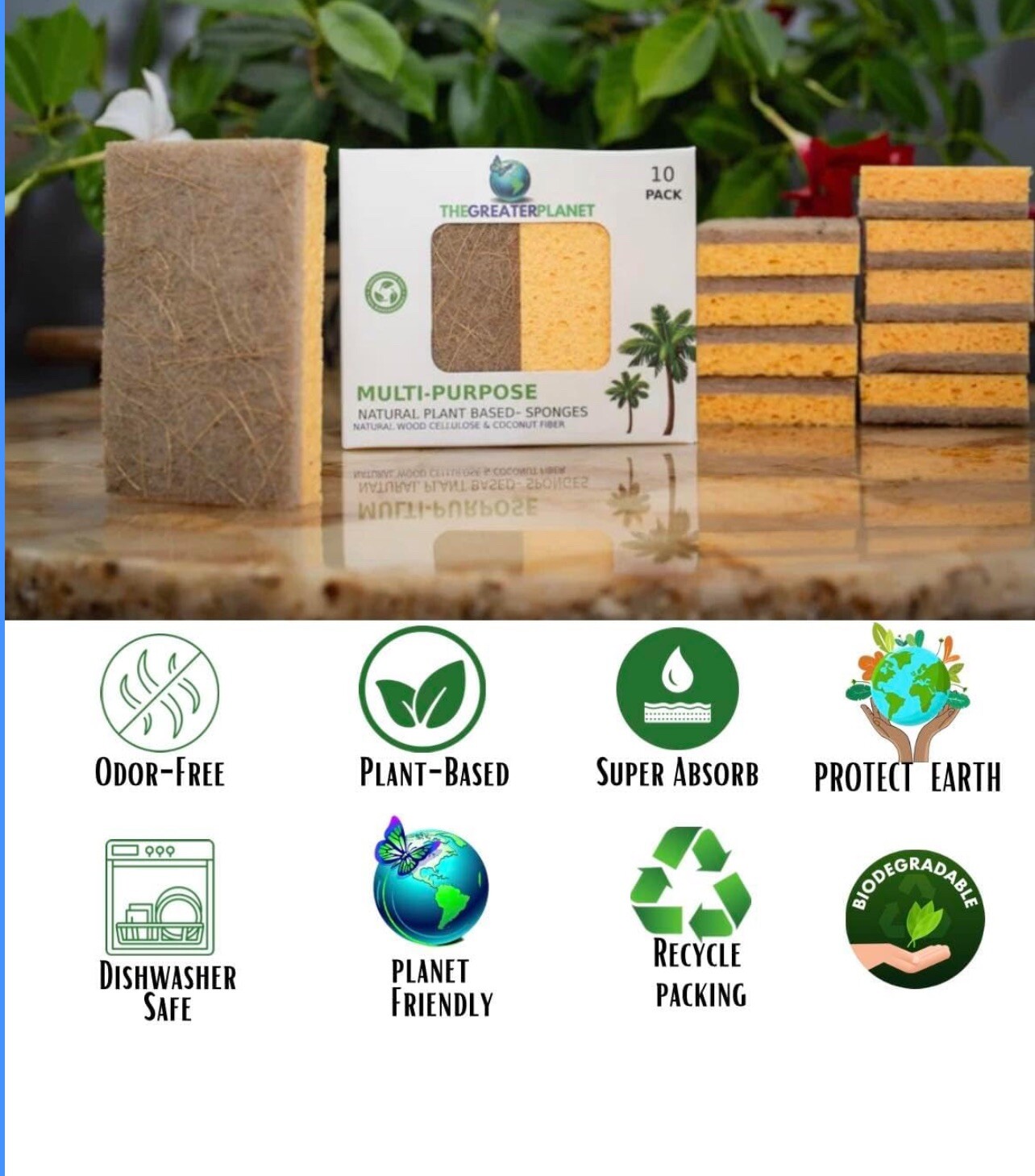 10 Pck Biodegradable Sponges Kitchen Natural Dishes Plant Based Plastic Free New