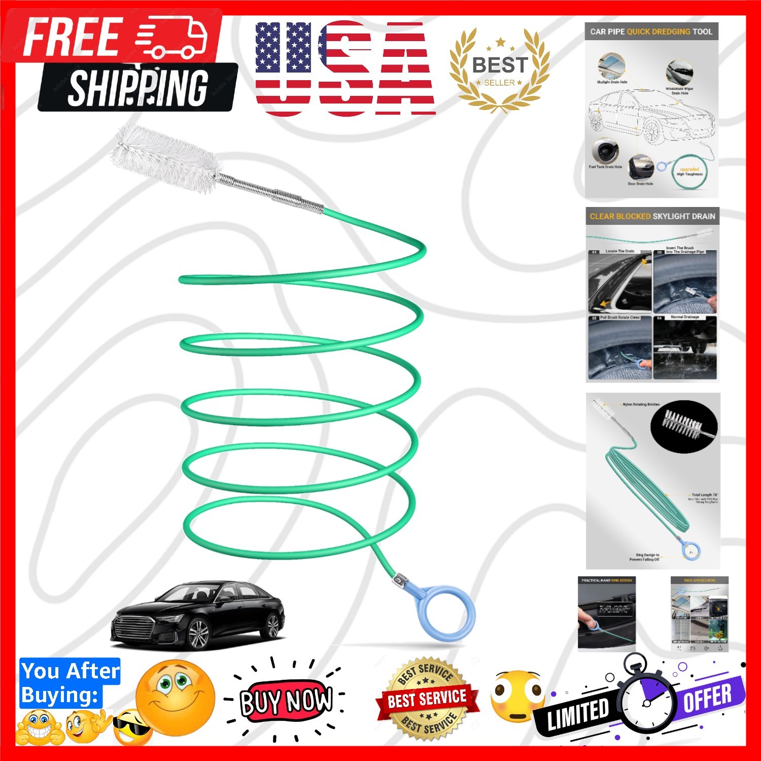 Upgraded Auto Sunroof Drain Cleaning Tool, 78 Inch Flexible Drain Brush Long …