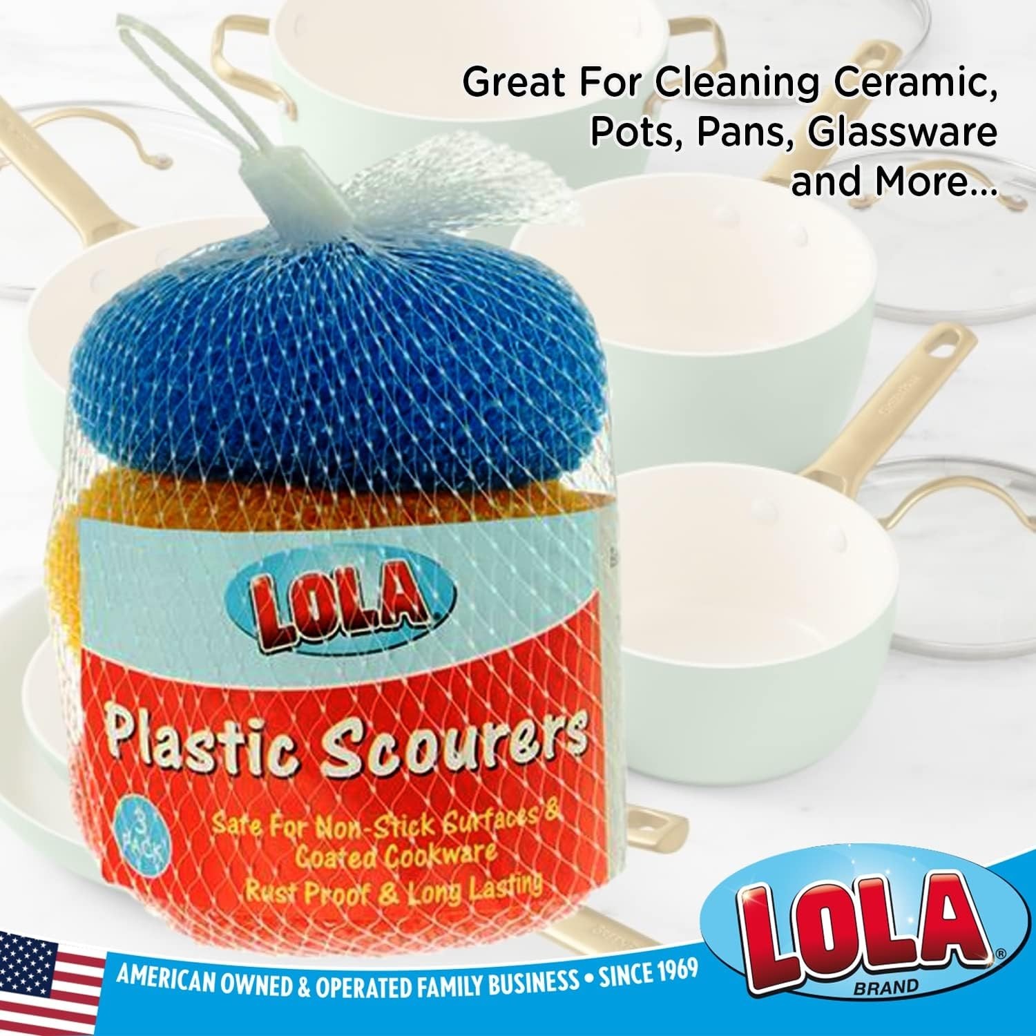 LOLA Plastic Mesh Scouring Pads – 3 Pack, 3.375″ x 1.25″, Non-Scratch Dish Scrub