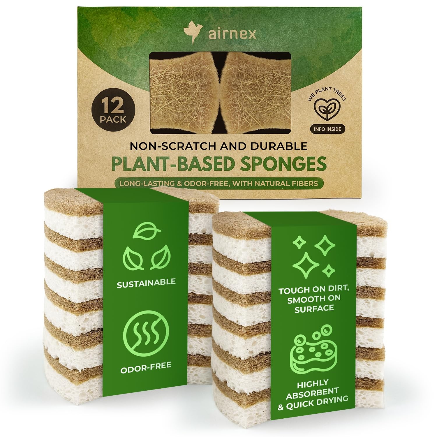 AIRNEX Natural Kitchen Sponges (12 Pack) – 12 Pack, White Cellulose