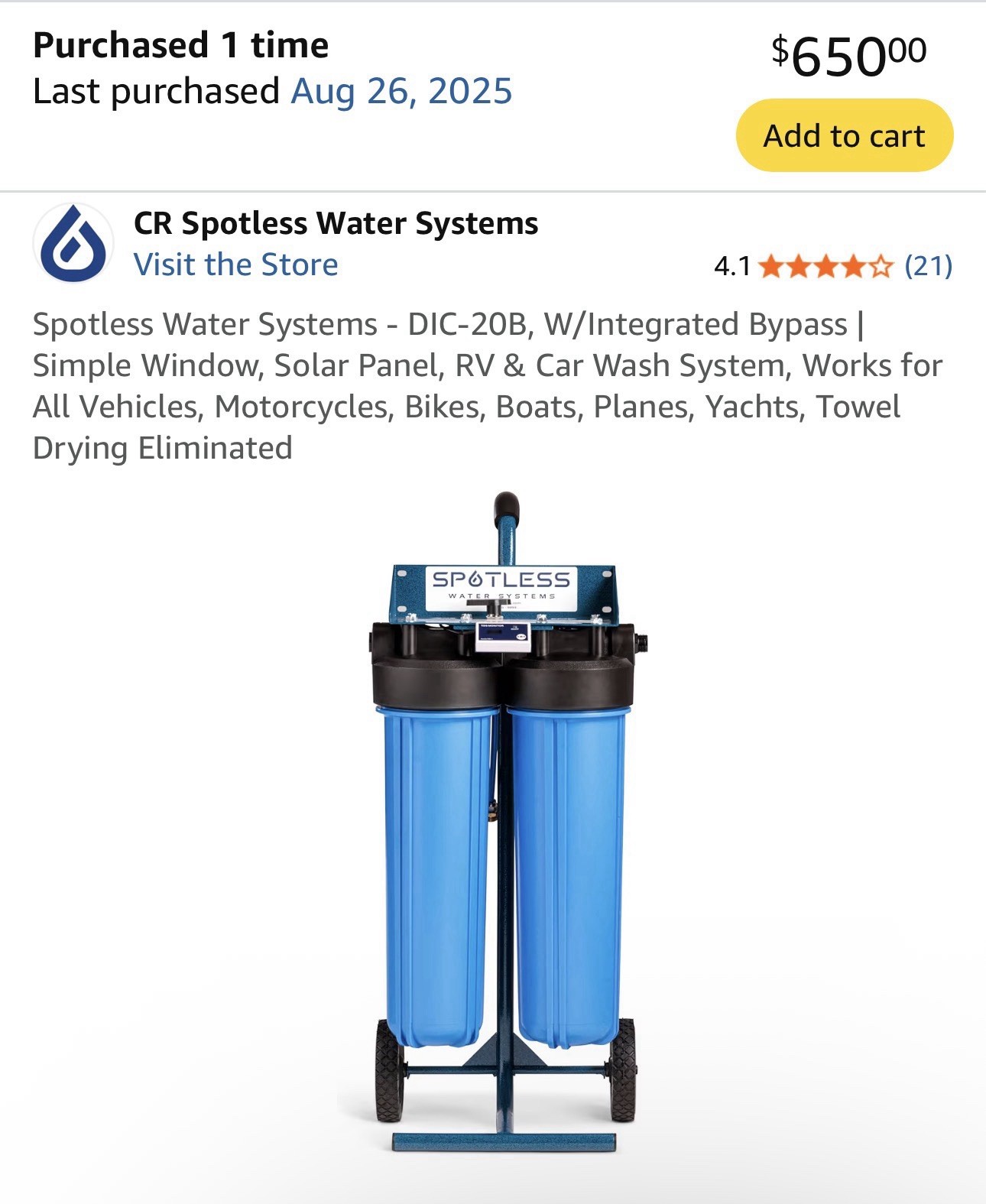 Spotless Water Systems – DIC-20, Simple Window, Solar Panel, RV & Car Wash Sy…