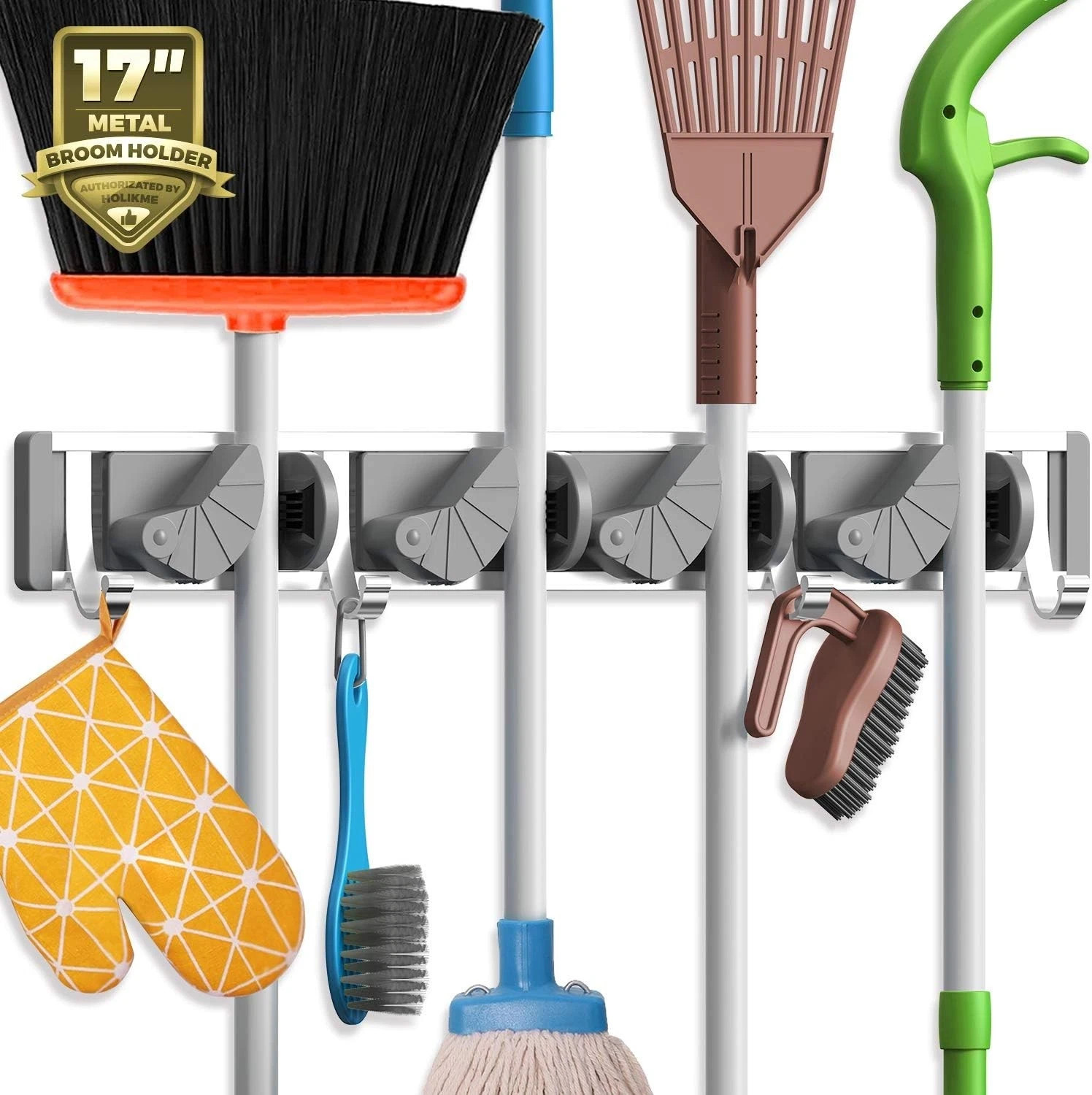 Holikme Mop Broom Holder Wall Mount 4 Hooks Metal Tool Organizer Garage Kitchen