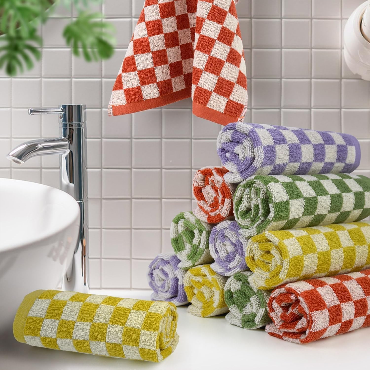 Washcloths 12 Pack Checkered – Wash Cloths for Showering (13″x13″) in 4 Colors,