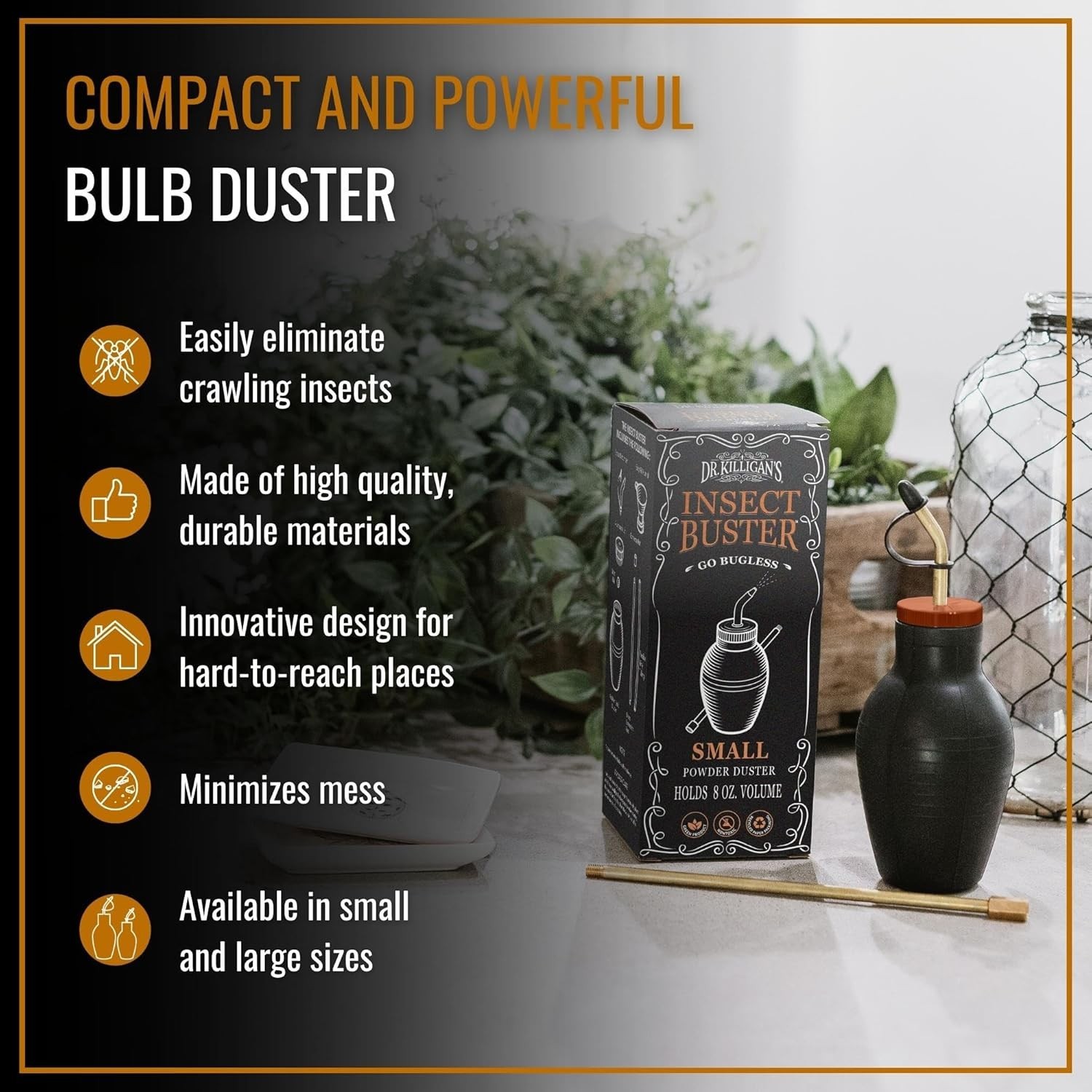 8oz Hand-Powered Brass Insect Duster with Funnel & Extension Rod for Precision