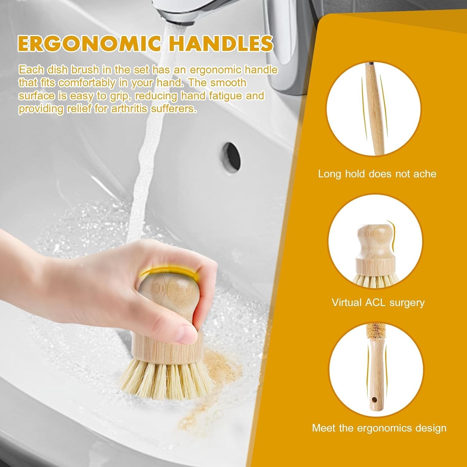 6 Piece Bamboo Dish Brush Set with Coconut Sponge – Wooden Dish Brush with Si…