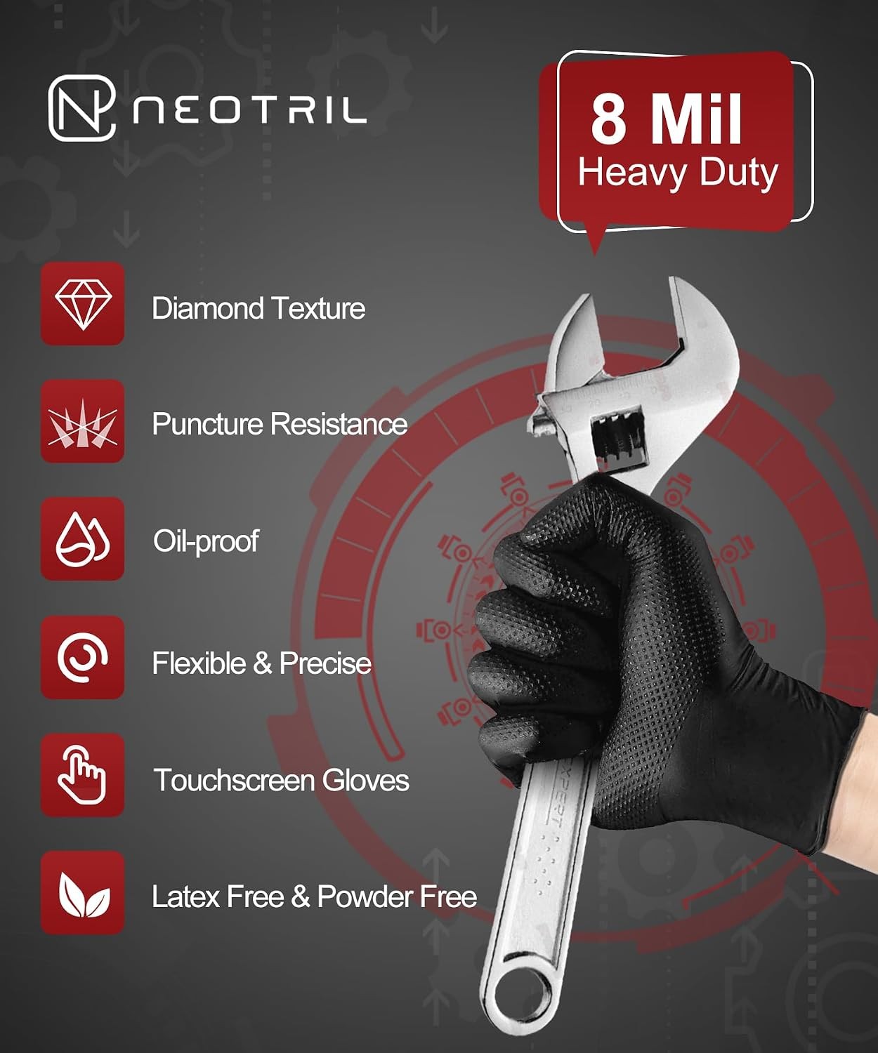 8 Mil Heavy Duty Disposable Nitrile Gloves with Diamond Texture Grip Rubber