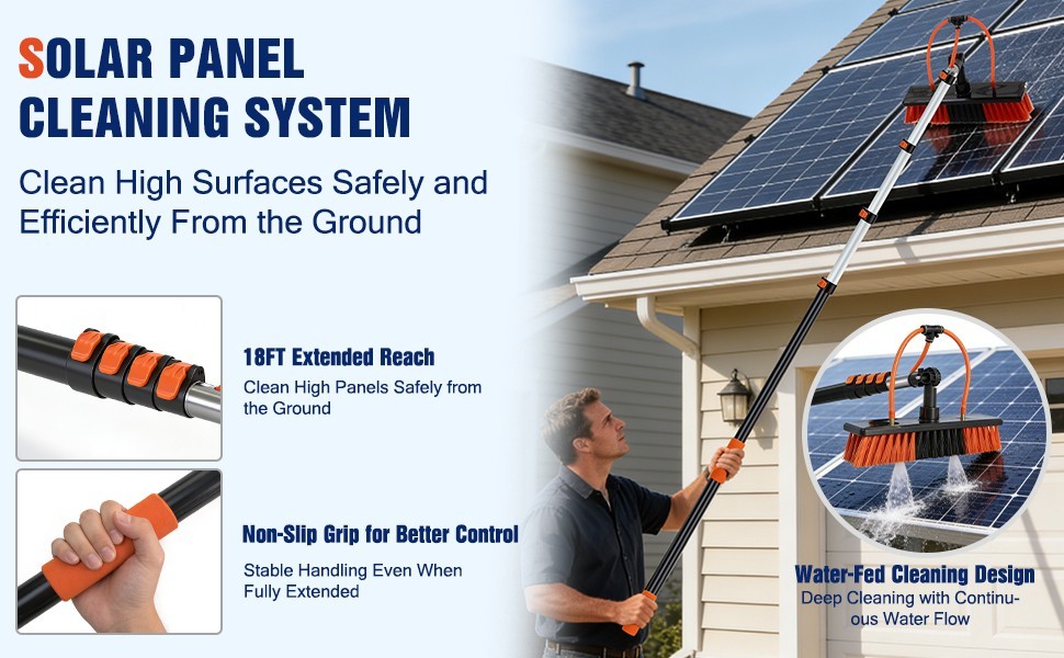 Water Fed Pole Window Cleaning System, Solar Panel Kit, 180° Brush & Soap Dispen