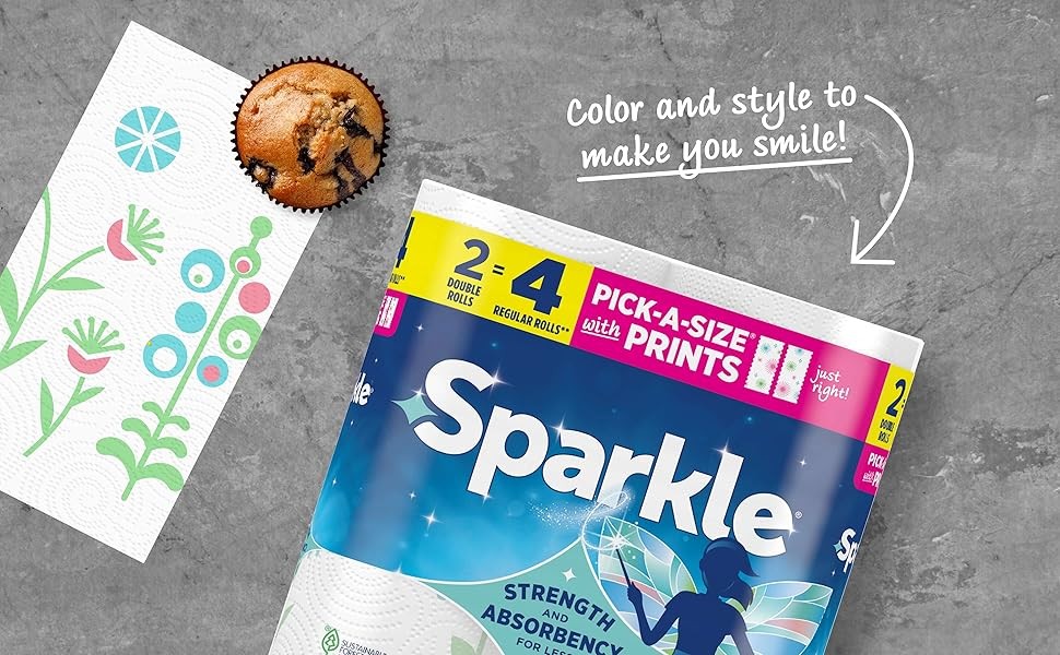 Sparkle Pick-A-Size Paper Towels, Spirited Print Design, 6 Double Rolls (660