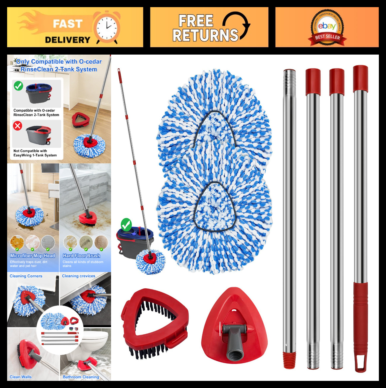 Spin Mop Replacement Set – Stainless Steel Handle, 2 Reusable Mop Heads & Base,