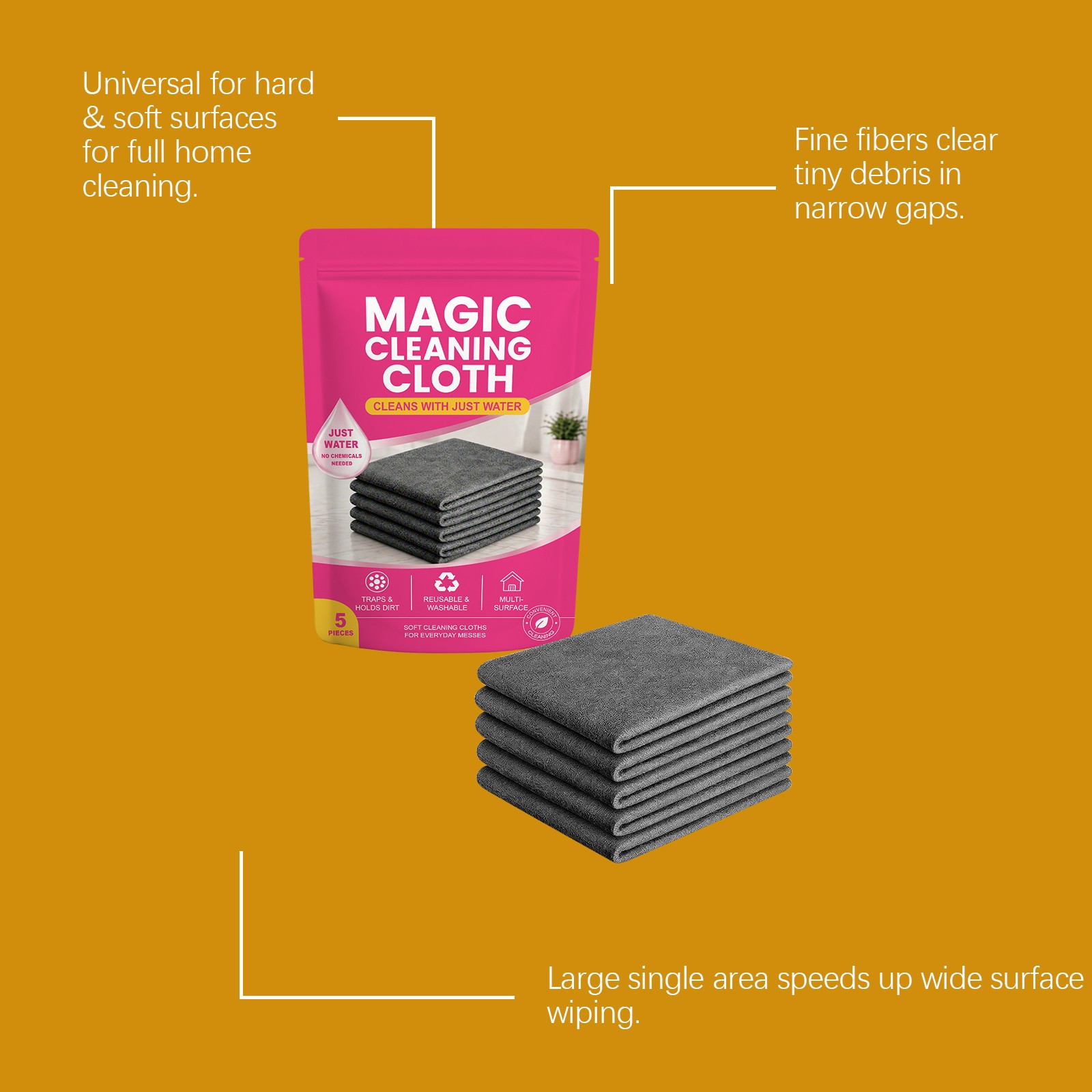 Magic Cleaning Cloth 5Pack Thick Microfiber Streak‑Free for Window Kitchen Reuse