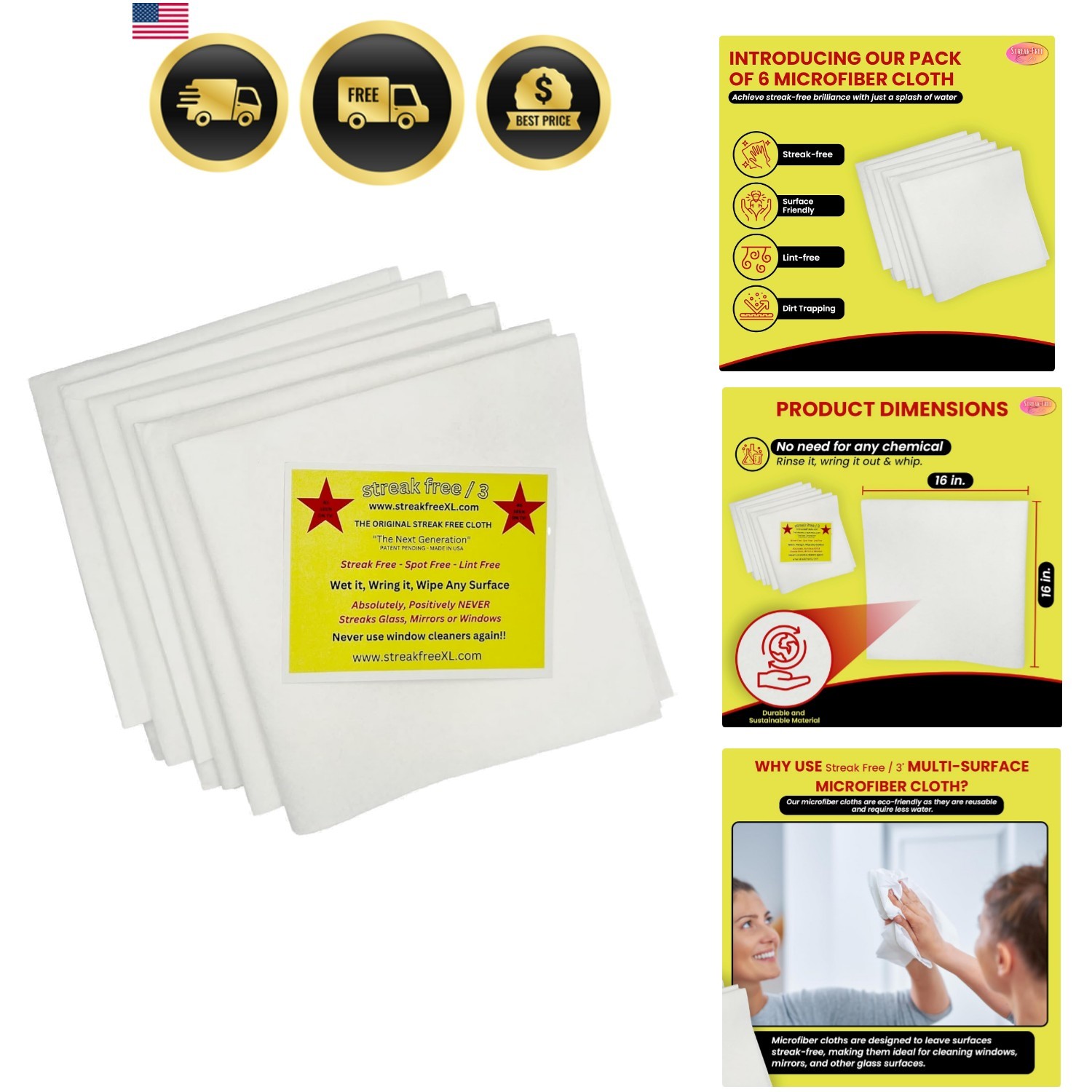 3 Microfiber Glass Cleaning Cloth, 6 Pack, Lint Free & Reusable