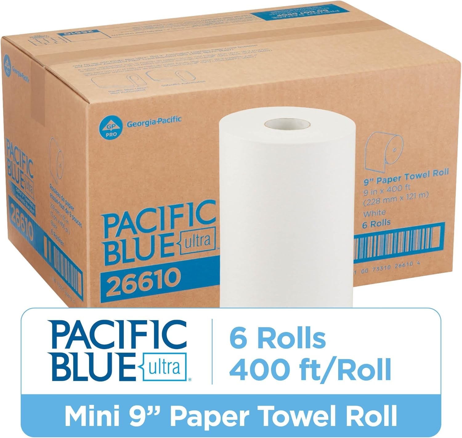 Pacific Blue Ultra, 9″ Paper Towel Rolls (26610), White, 6 Rolls per Case, 400′