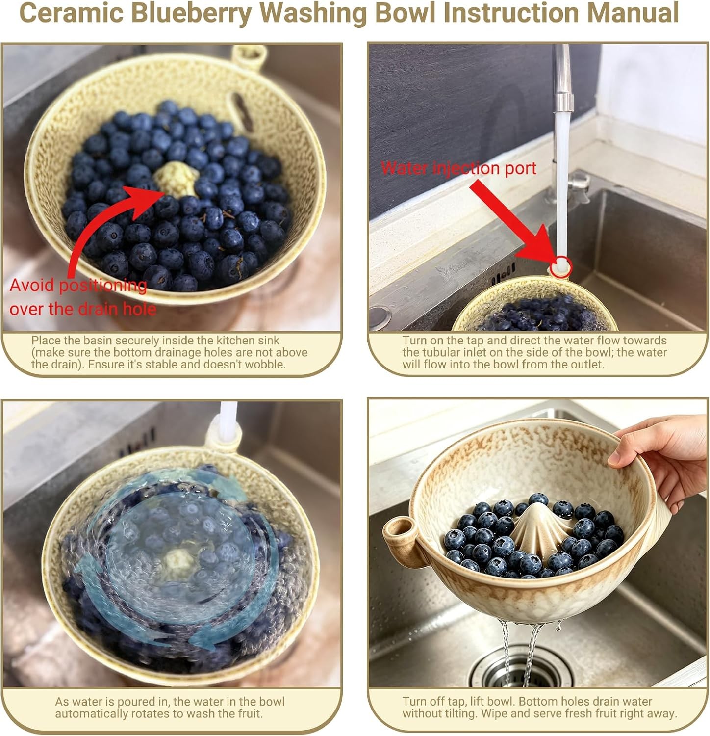 Self Rinsing Berry Washing Ceramic Bowl,Pale Blue,Ceramic Berry Basket withHoles